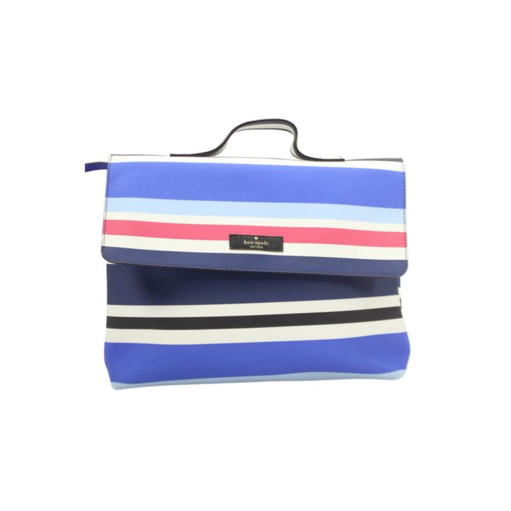 Kate Spade Womens Leather Striped Makeup Travel Case Blue White Red 10x8 In.